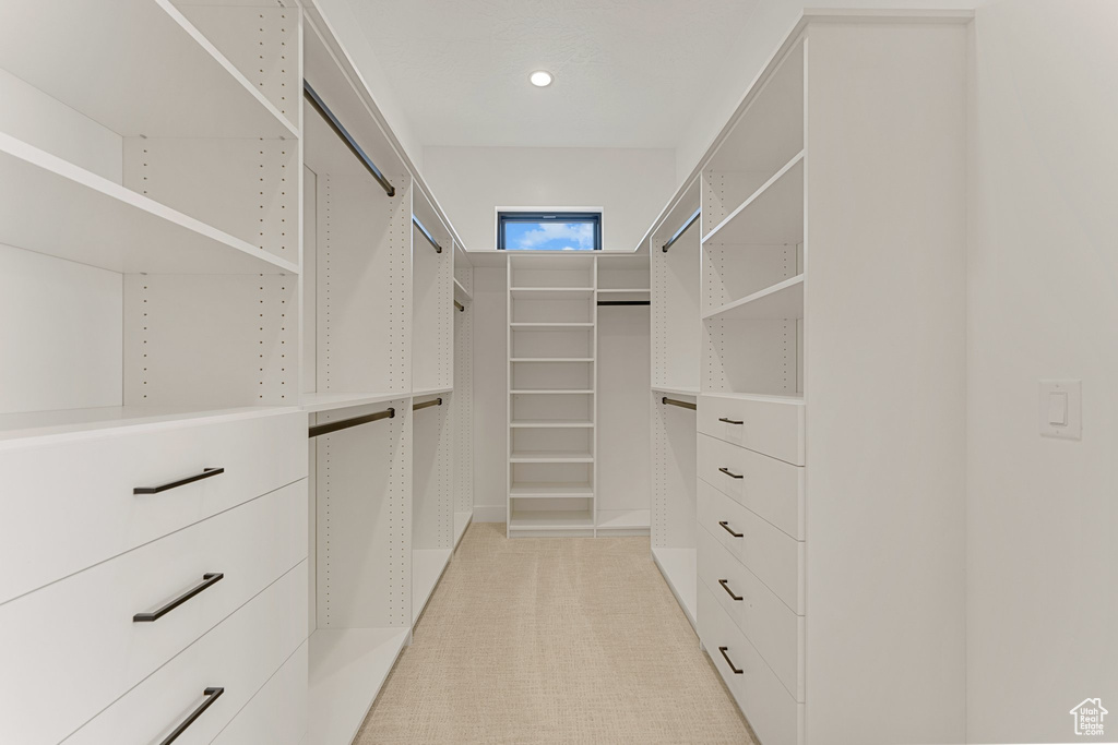 Walk in closet featuring light colored carpet