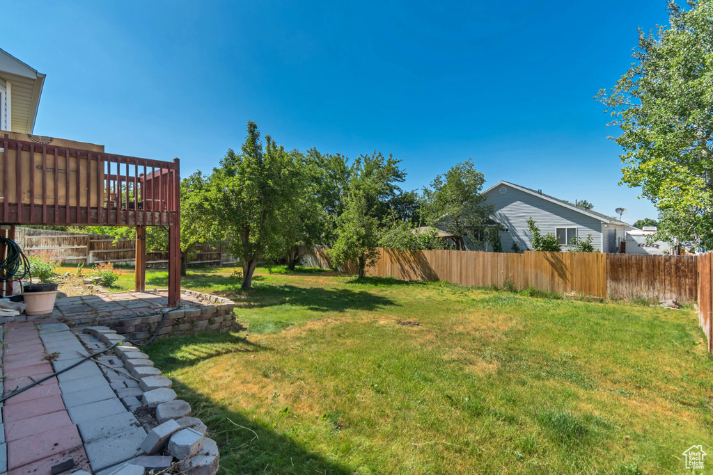 Fenced backyard with a patio