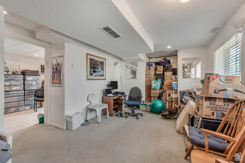 Home office with carpet flooring and recessed lighting