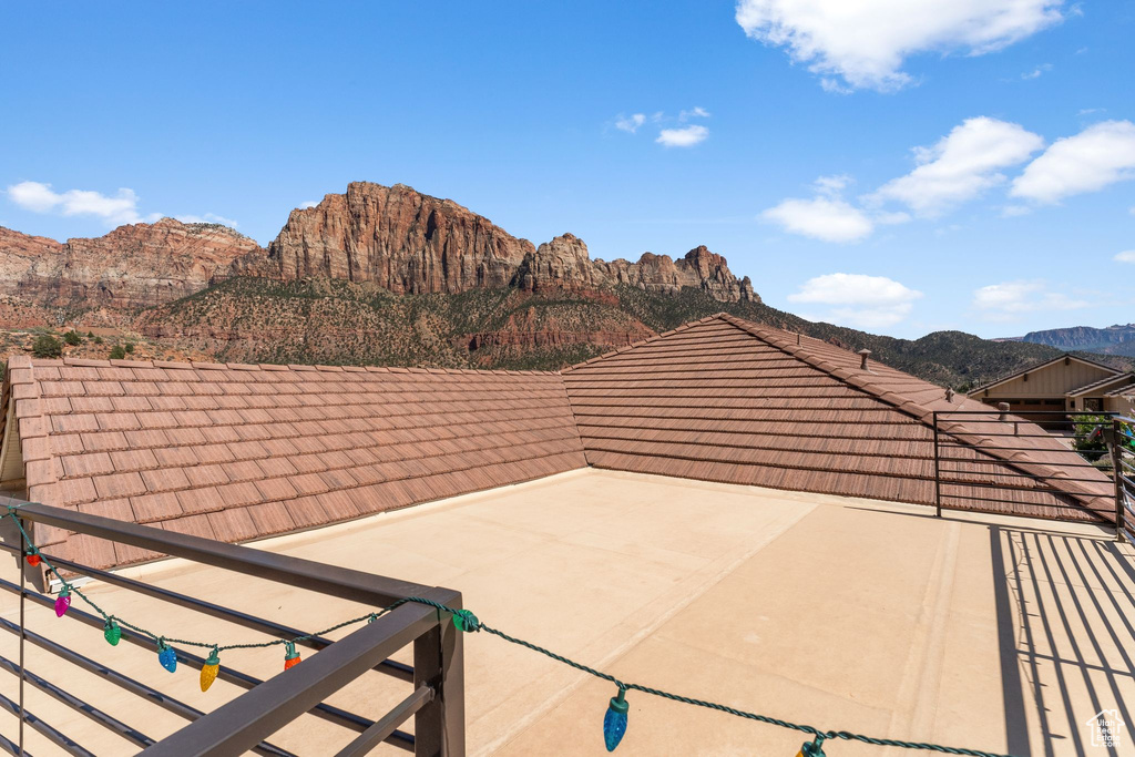View of patio featuring a mountain view