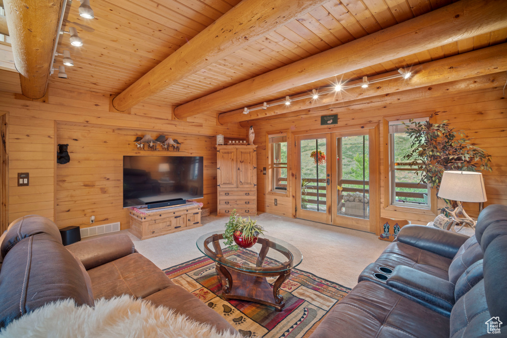 Living room with track lighting, a wood ceiling with exposed beams, carpet flooring, and wood walls