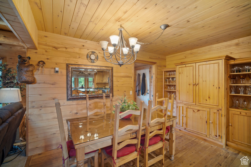 Dining area with a chandelier, wood walls, wooden ceiling, and light wood-style flooring