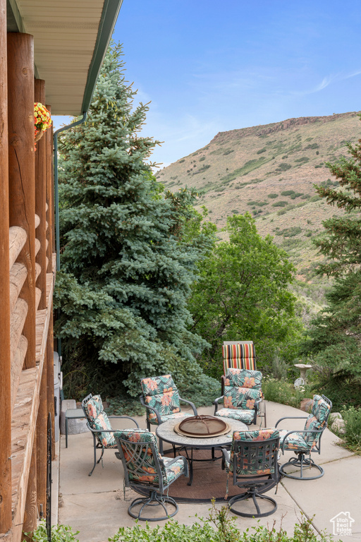 View of patio featuring a mountain view