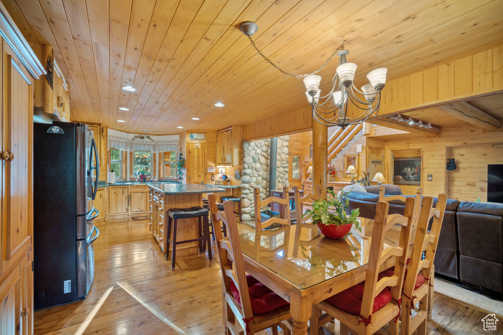 Dining room featuring wooden ceiling, recessed lighting, light wood finished floors, a chandelier, and wood walls