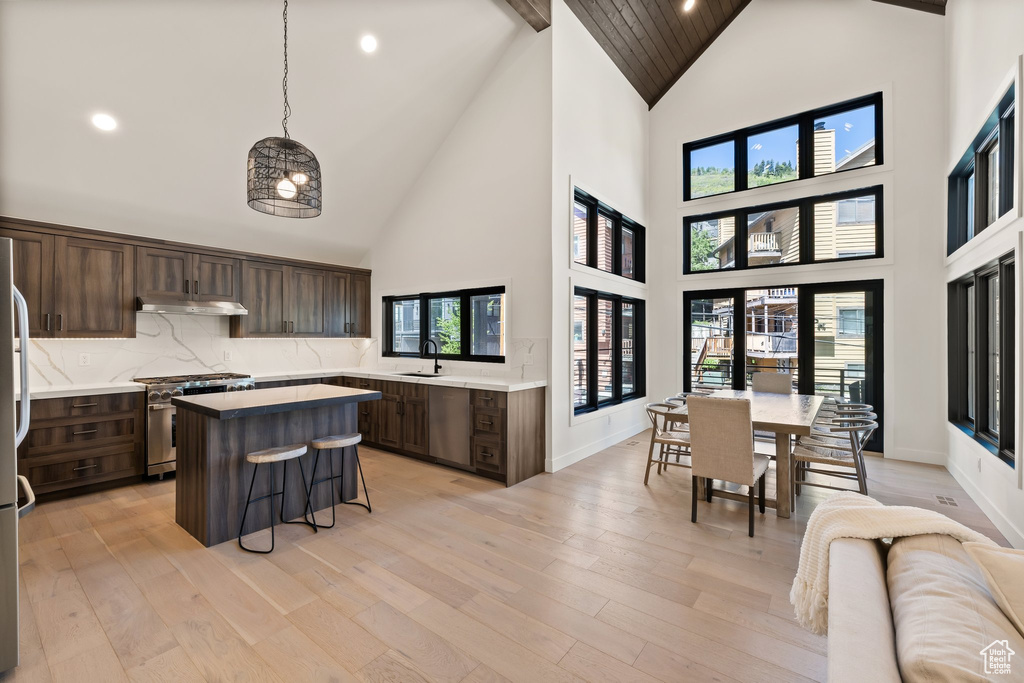 Kitchen with stainless steel appliances, high vaulted ceiling, a kitchen island, a kitchen breakfast bar, and recessed lighting