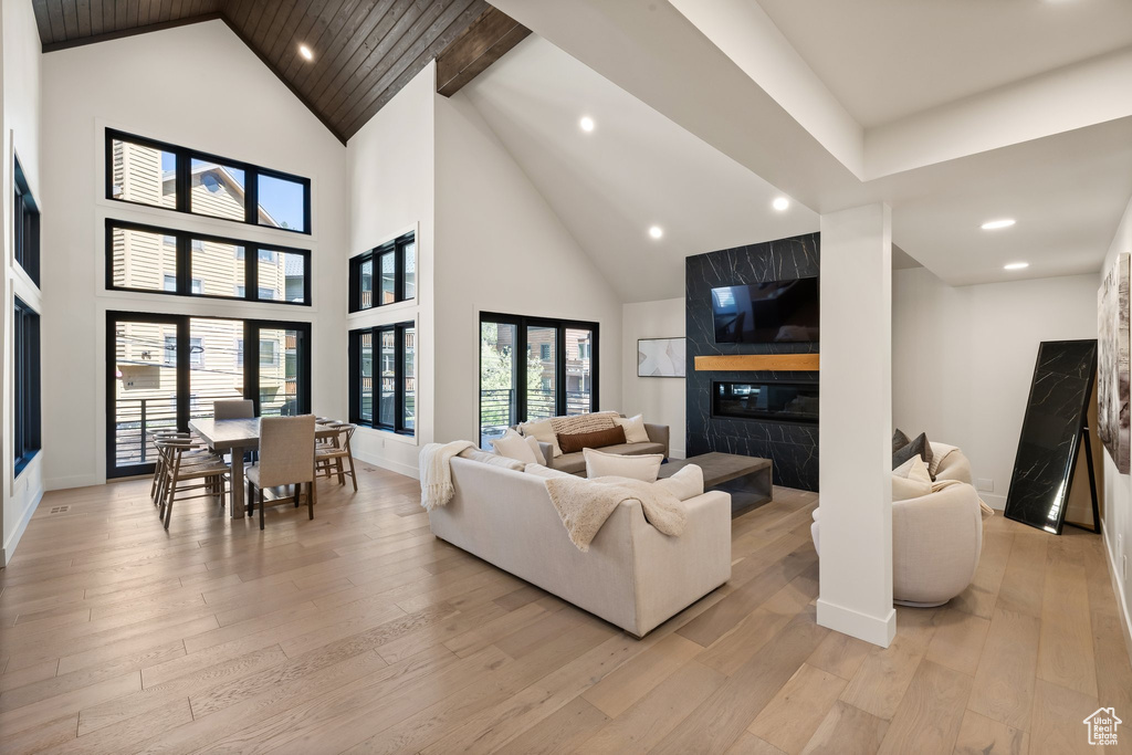 Living room featuring a high end fireplace, light wood-type flooring, high vaulted ceiling, and recessed lighting