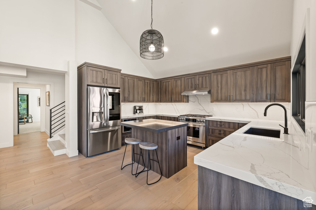 Kitchen featuring stainless steel appliances, under cabinet range hood, a breakfast bar, a kitchen island, and high vaulted ceiling