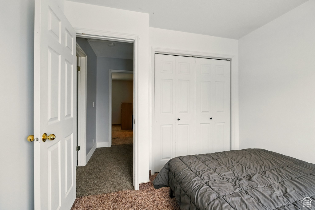 Carpeted bedroom featuring a closet and baseboards