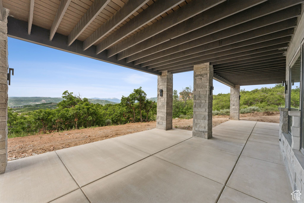 View of patio featuring a mountain view