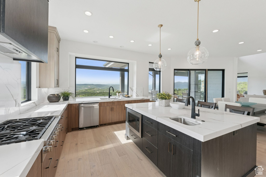 Kitchen featuring stainless steel appliances, range hood, light wood-type flooring, a large island, and recessed lighting