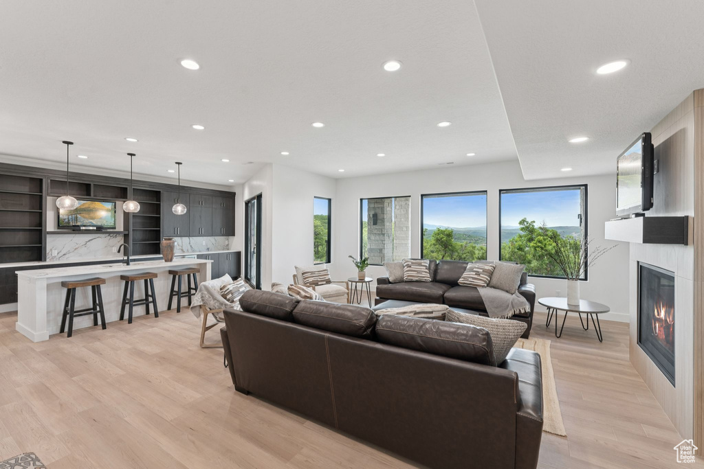 Living area featuring recessed lighting, light wood-type flooring, and a large fireplace