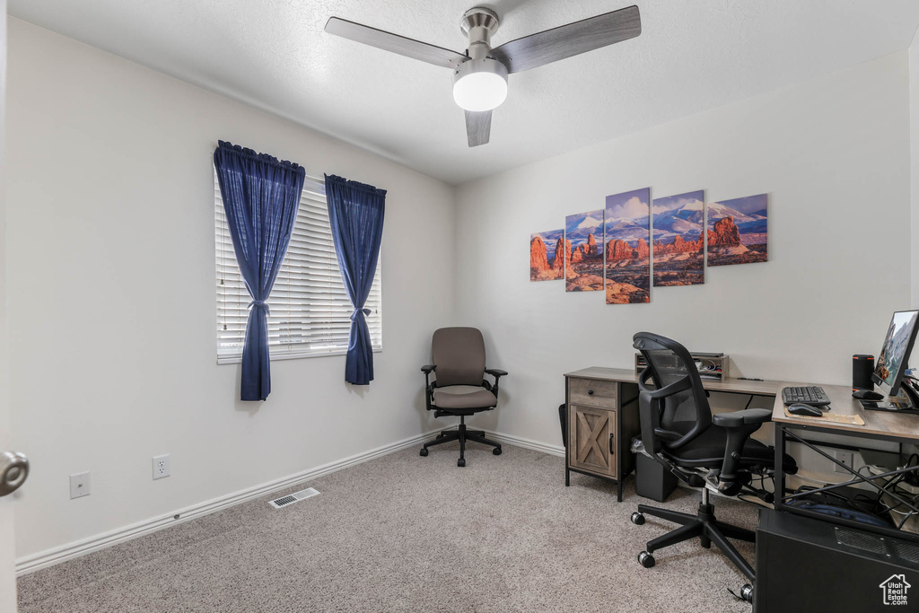 Office space featuring carpet flooring and ceiling fan