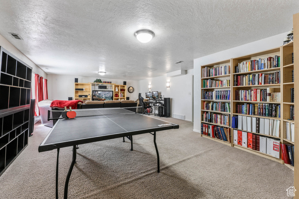Rec room featuring carpet and a textured ceiling