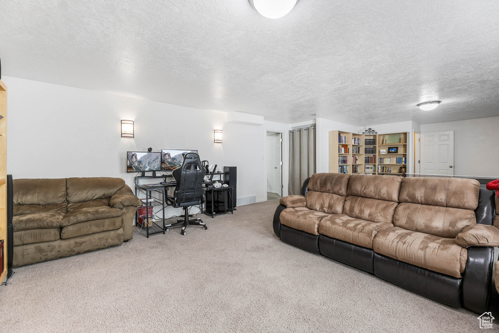Living room with carpet and a textured ceiling