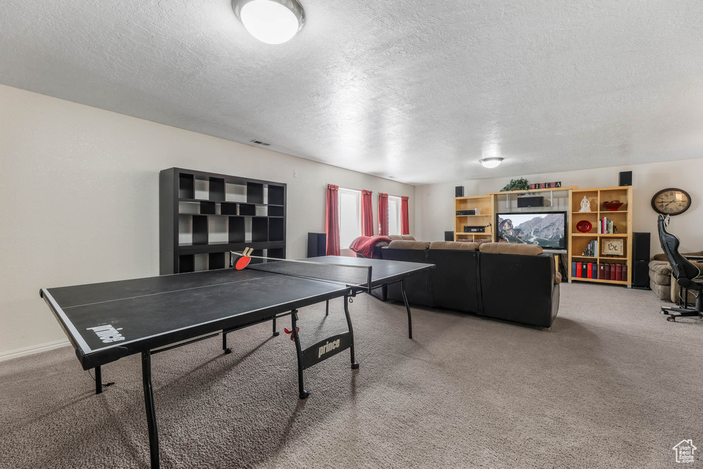 Game room with a textured ceiling and light colored carpet