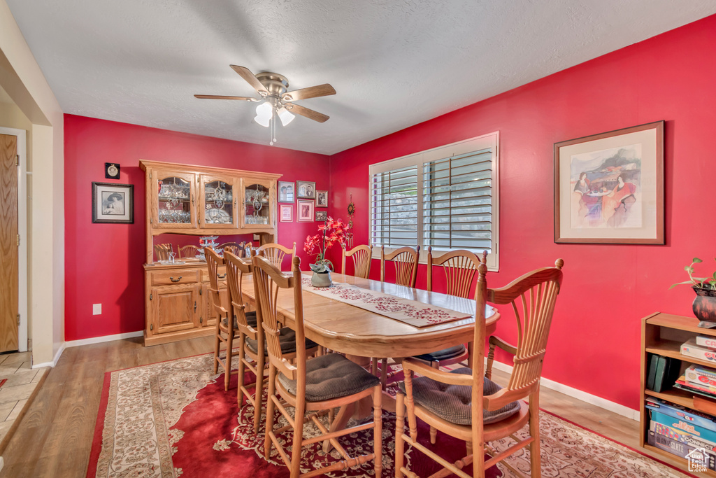 Dining area with light wood-type flooring and a ceiling fan