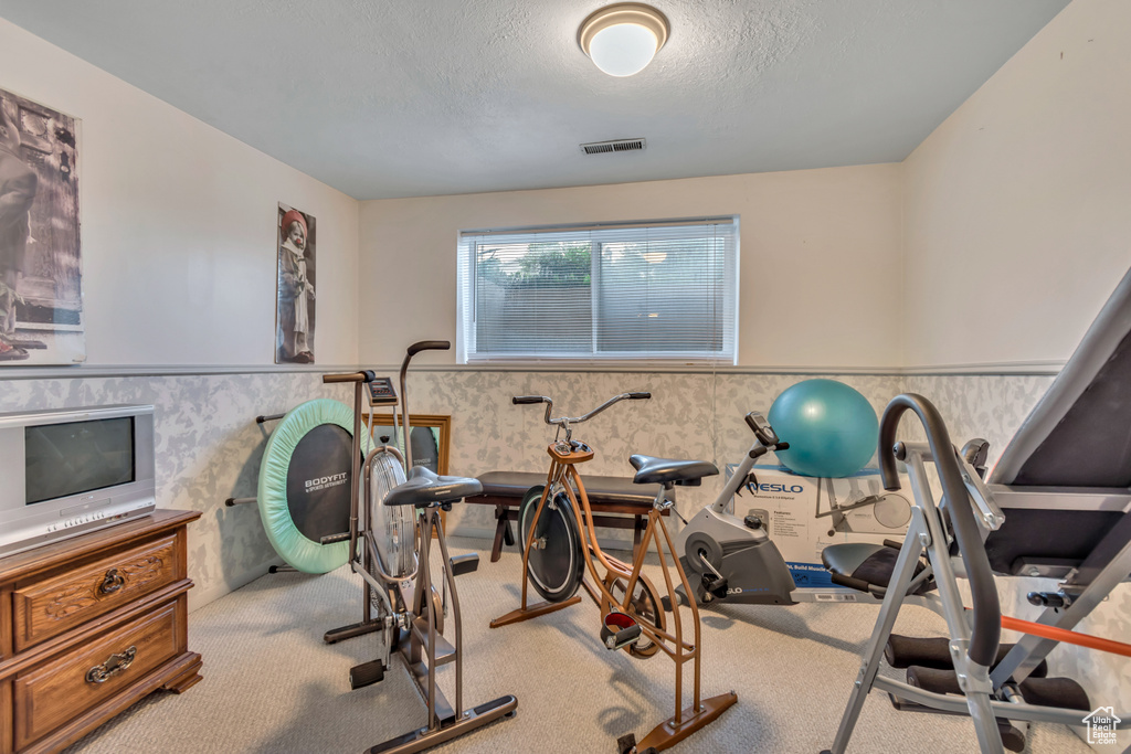 Exercise room with wainscoting, a textured ceiling, wallpapered walls, and carpet flooring