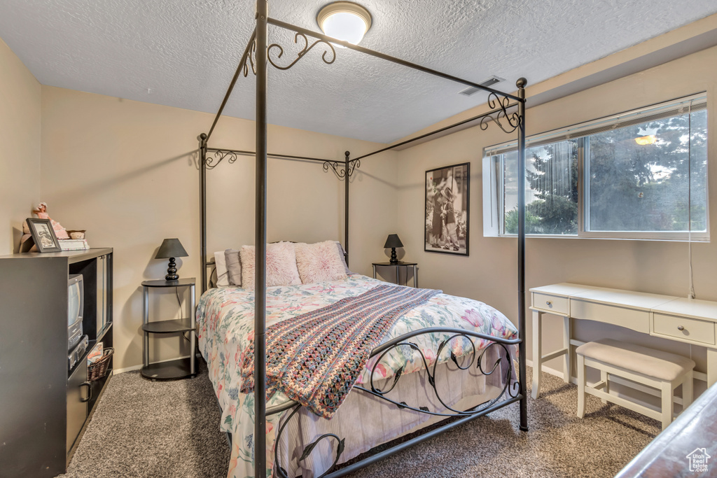 Bedroom featuring carpet flooring and a textured ceiling