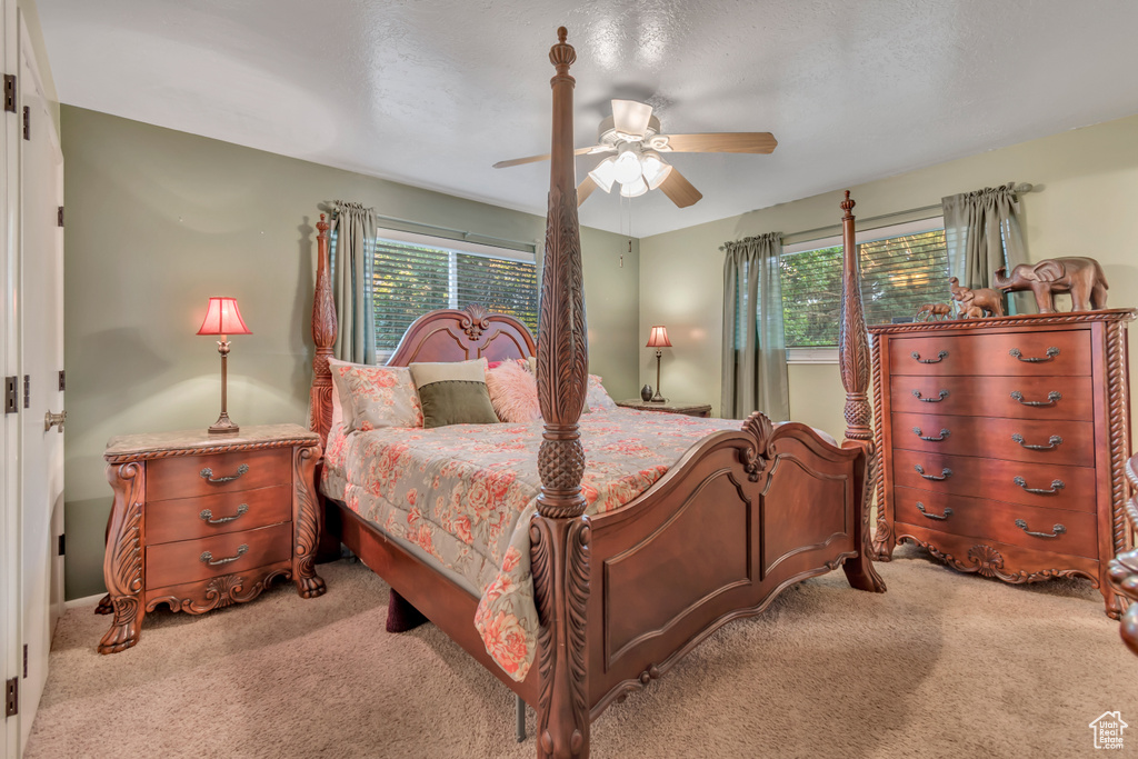 Bedroom with carpet floors, multiple windows, and a ceiling fan