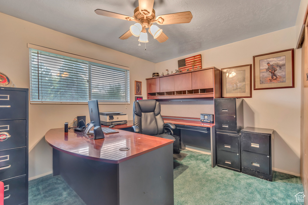 Home office with carpet flooring and ceiling fan