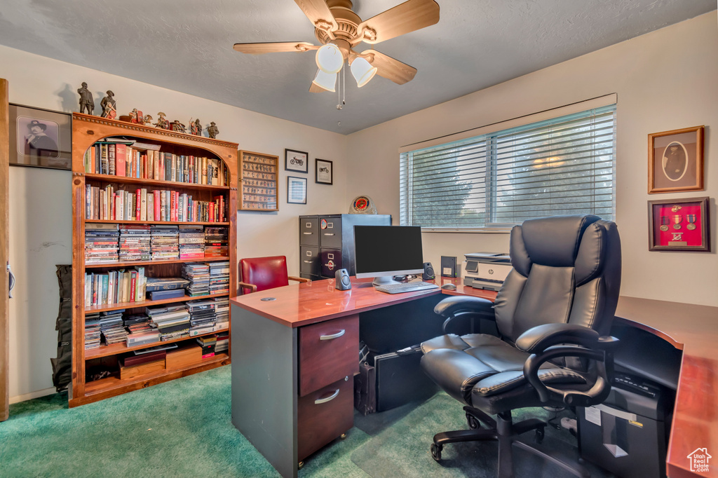 Office area featuring ceiling fan and carpet flooring