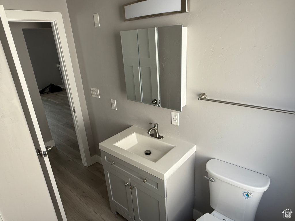 Bathroom featuring vanity and wood finished floors