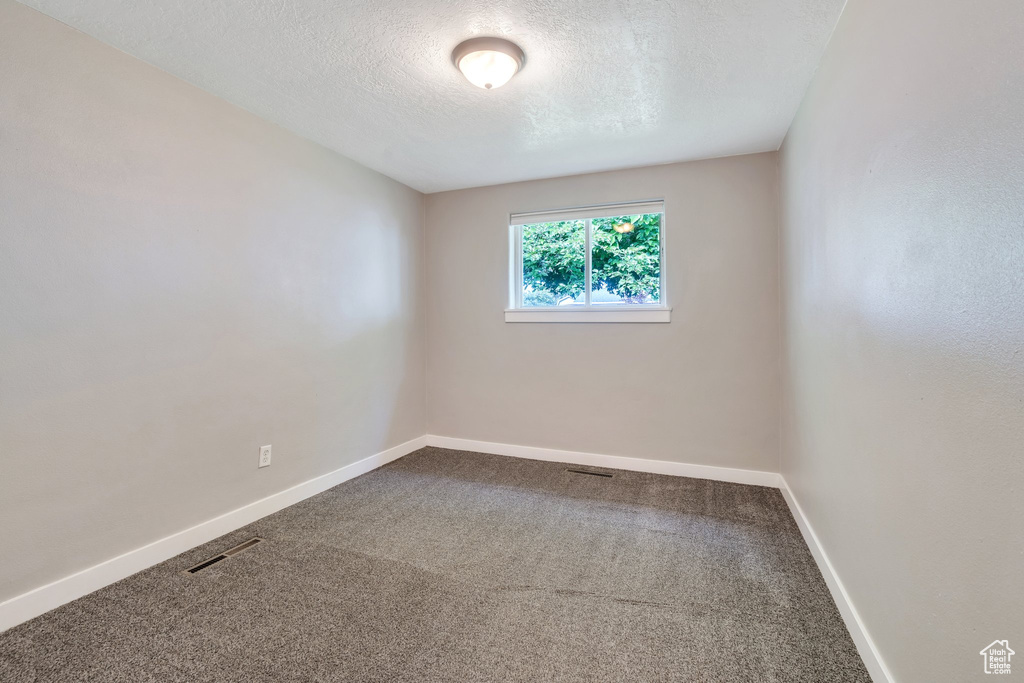 Carpeted spare room featuring a textured ceiling and baseboards