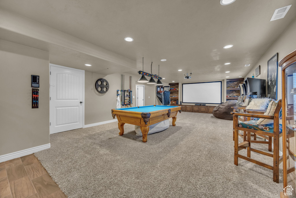 Game room featuring recessed lighting and billiards