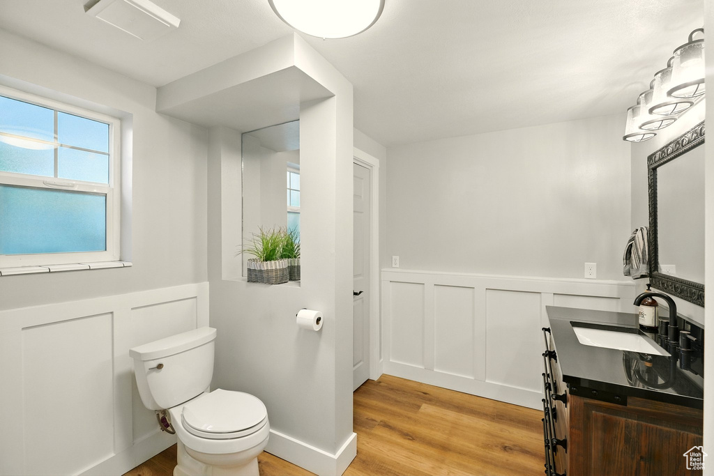 Bathroom featuring wood finished floors, a wainscoted wall, a decorative wall, and vanity