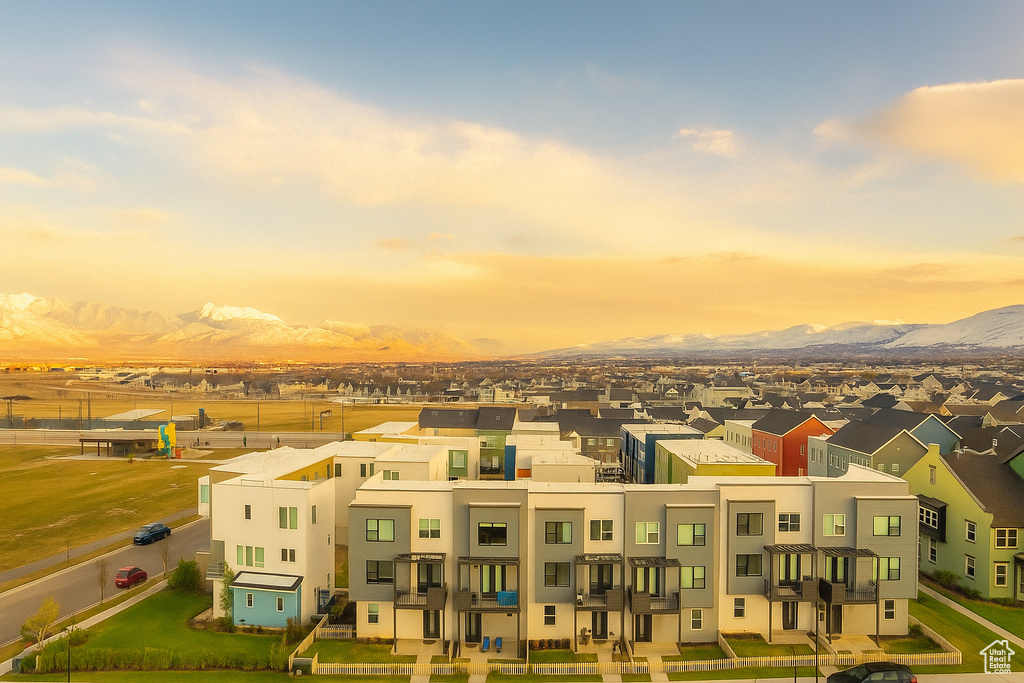 Aerial view at dusk of a mountain view and a residential view