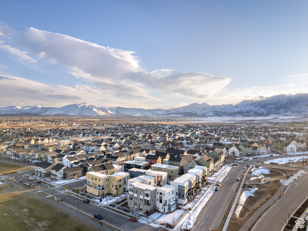 Aerial perspective of suburban area with mountains