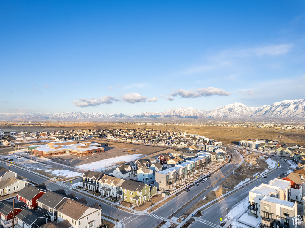 Aerial perspective of suburban area with mountains