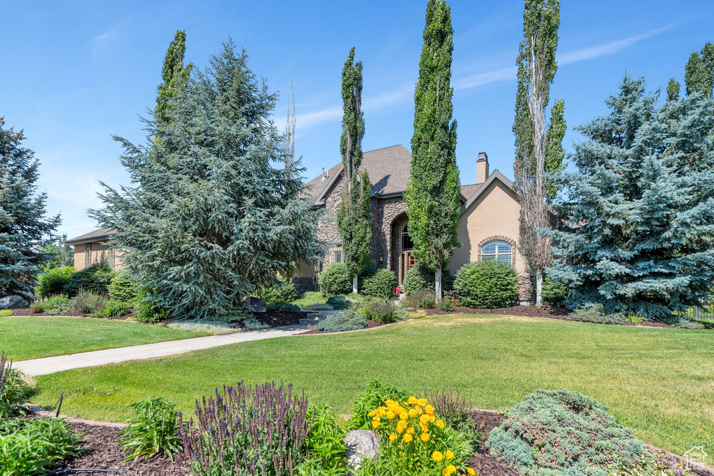 View of front of property featuring a front yard, a chimney, and stone siding