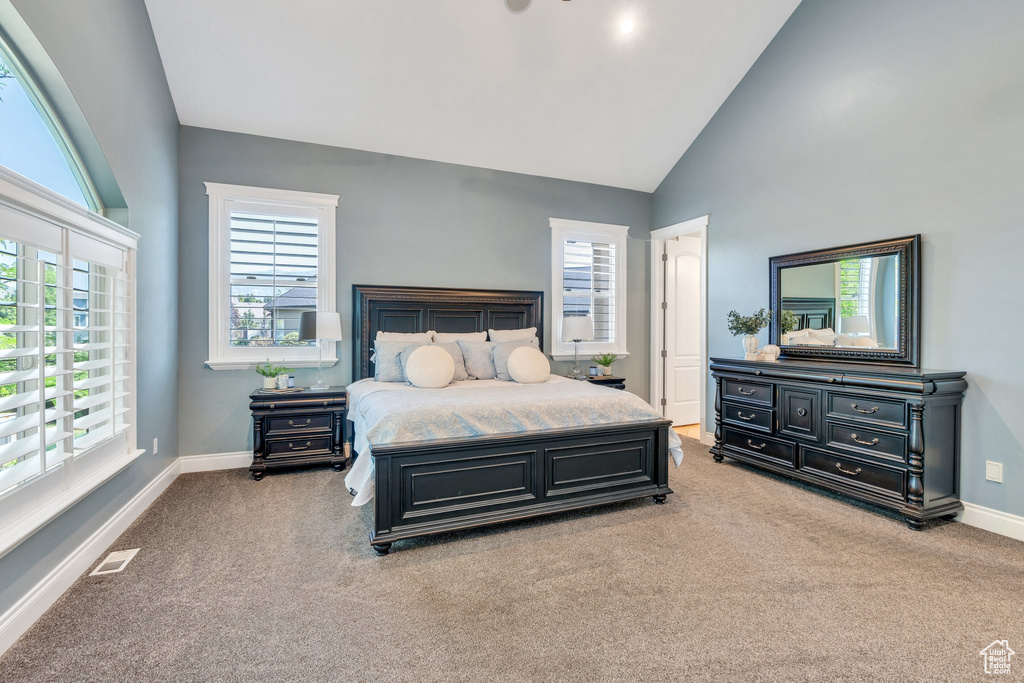 Carpeted bedroom featuring multiple windows and high vaulted ceiling