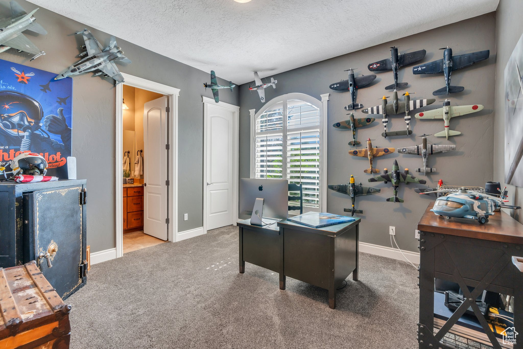 Office space with carpet and a textured ceiling