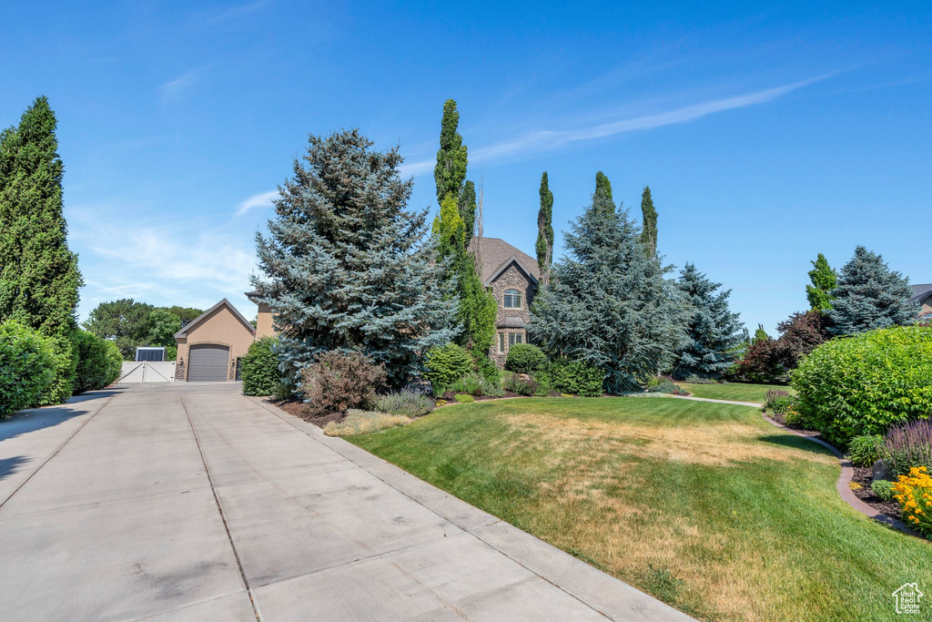 View of property hidden behind natural elements with a front yard and a detached garage