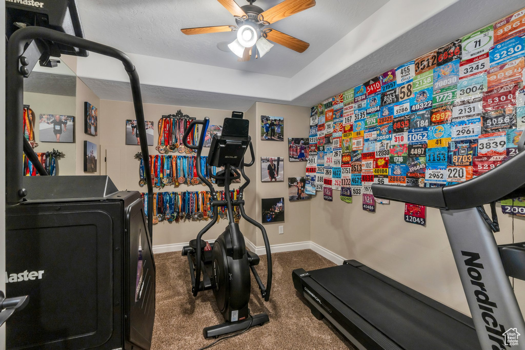 Workout room with carpet floors and a ceiling fan