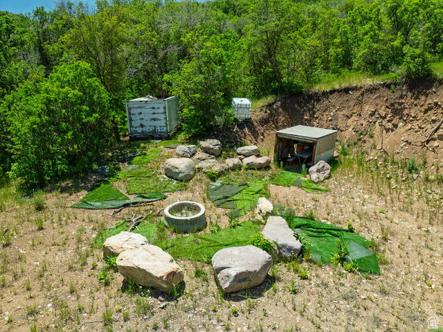 View of yard with a wooded view