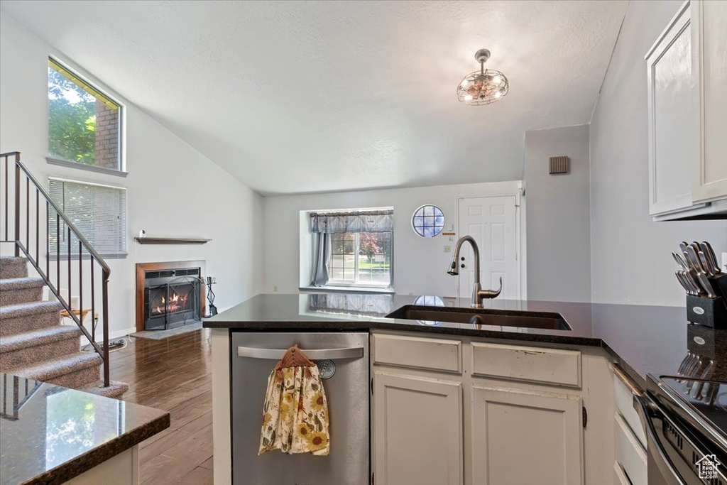 Kitchen with dishwasher, a fireplace with flush hearth, lofted ceiling, wood finished floors, and stove