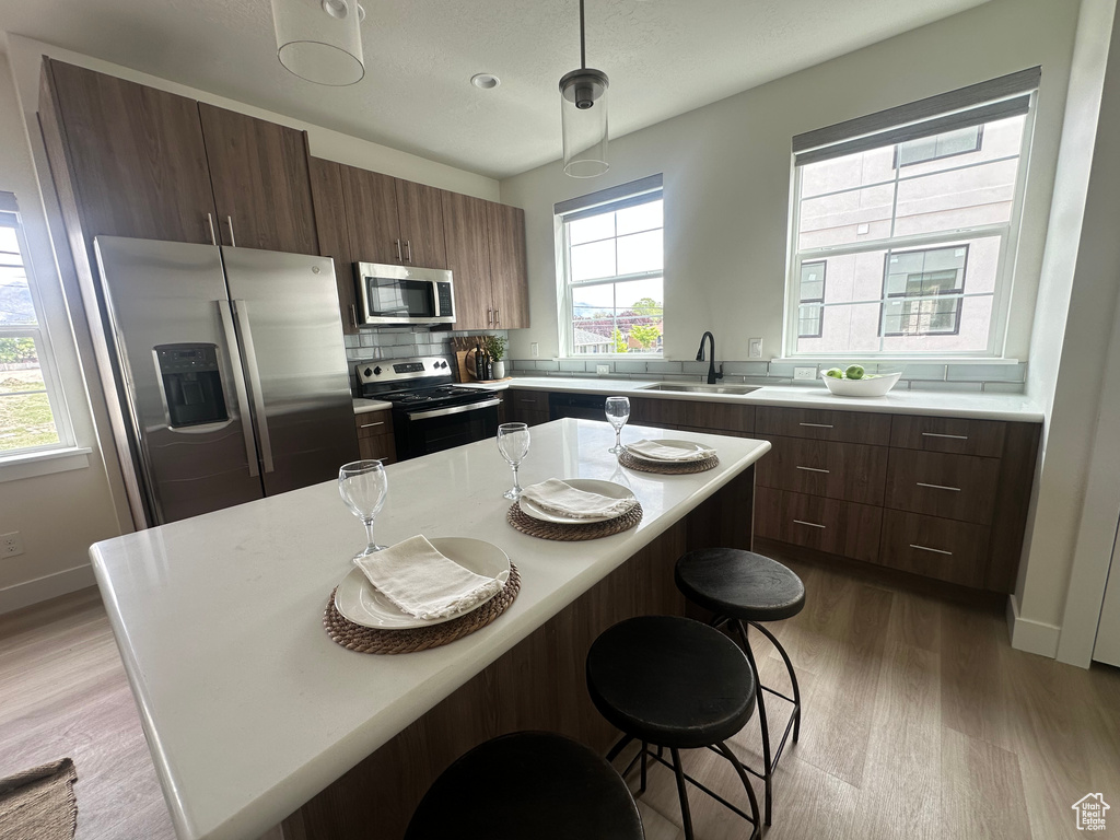 Kitchen with stainless steel appliances, light wood-type flooring, plenty of natural light, and a breakfast bar area