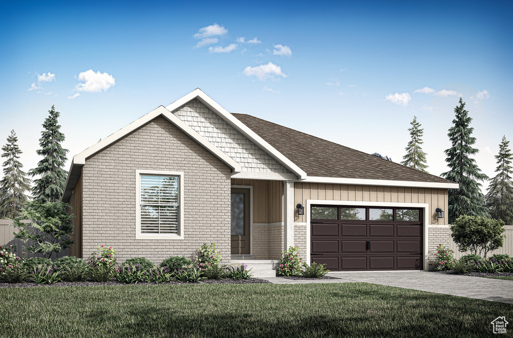 View of front of house featuring an attached garage, brick siding, driveway, a front lawn, and roof with shingles