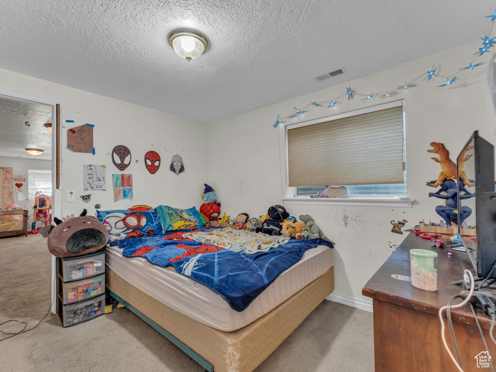 Carpeted bedroom with a textured ceiling