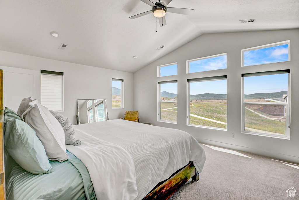 Carpeted bedroom featuring vaulted ceiling and ceiling fan