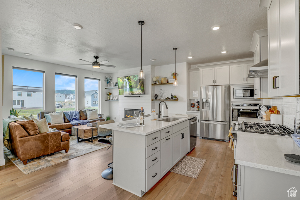Kitchen featuring stainless steel appliances, light wood-style floors, decorative backsplash, open floor plan, and ceiling fan
