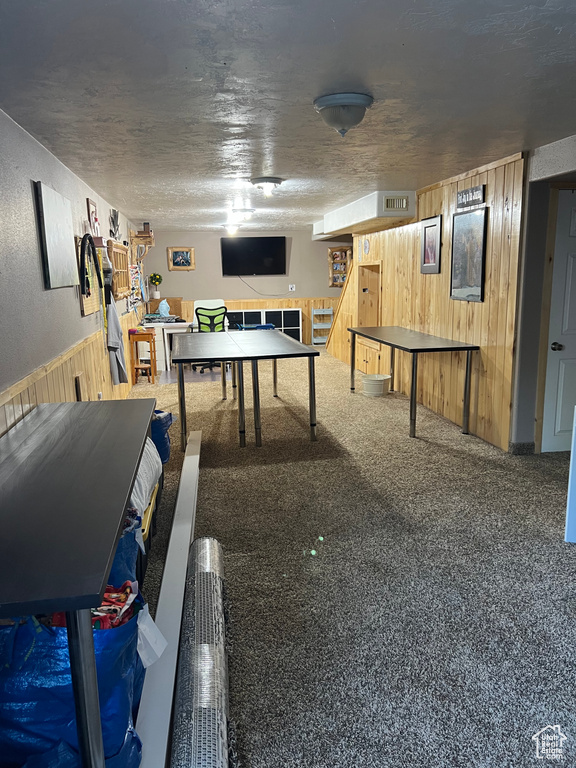 Game room with wooden walls and a wainscoted wall