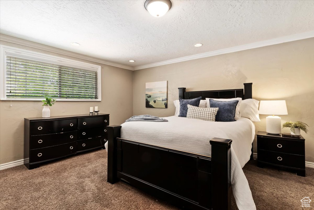 Carpeted bedroom featuring crown molding, a textured ceiling, and recessed lighting