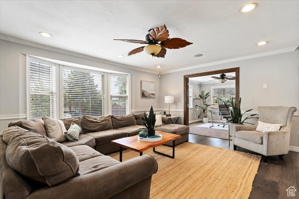 Living area with healthy amount of natural light, a ceiling fan, dark wood-type flooring, recessed lighting, and ornamental molding