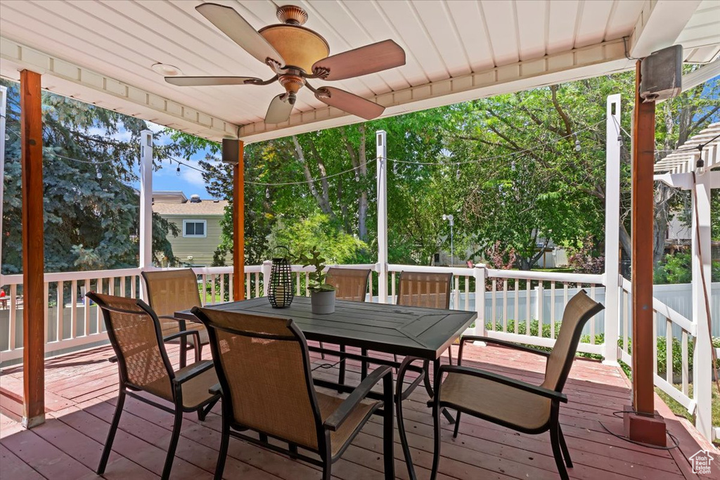 Deck featuring ceiling fan and outdoor dining space
