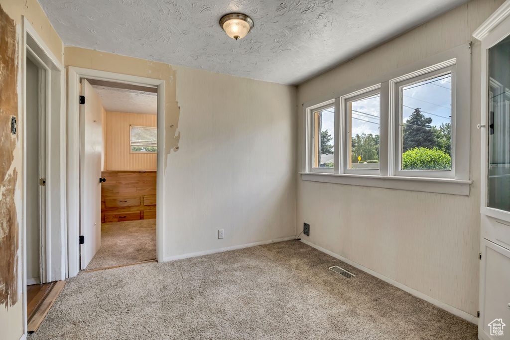 Spare room with carpet floors and a textured ceiling