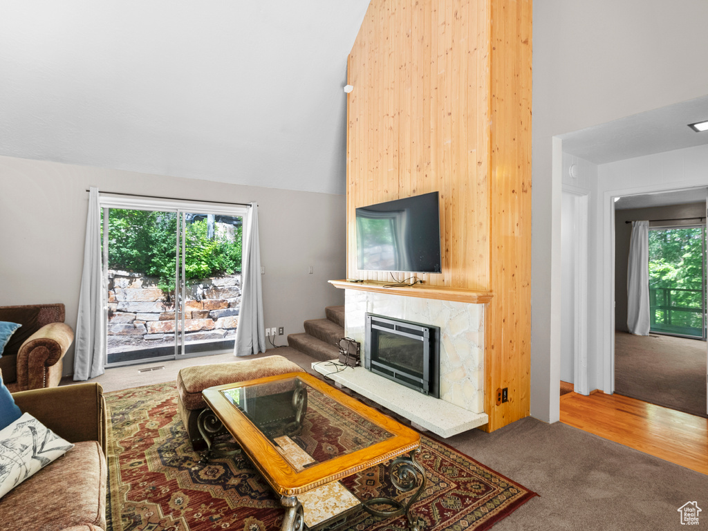 Carpeted living area with high vaulted ceiling and a glass covered fireplace